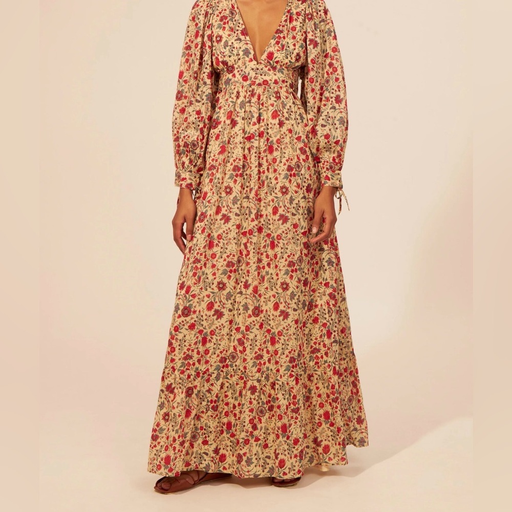 Antik Batik Cream Floral Maxi Dress with Red and Green Accents